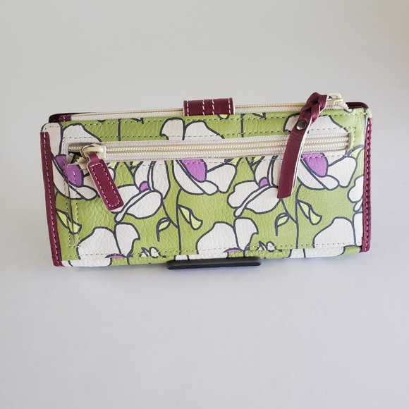 ❌️Vintage Fossil Whtie Floral Leather Snap Wallet Green Maroon Purple Y2K NWOT - Picture 2 of 10
